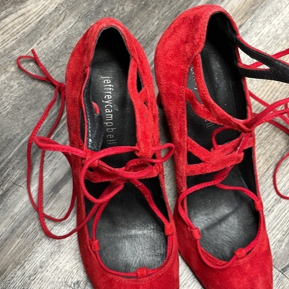 Jeffery Campbell Women’s Red Suede Brielle Lace Up Closed Toed Heels, size 8.5 - Picture 7 of 11